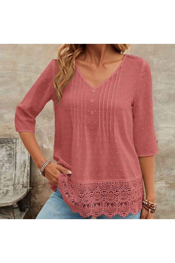 Womens V Neck Blouse Pintuck Front Lace Crochet Hem 3/4 Sleeve Summer Tops Casual Loose Fit Breathable Vacation Fashion Chiffon Shirt XXL