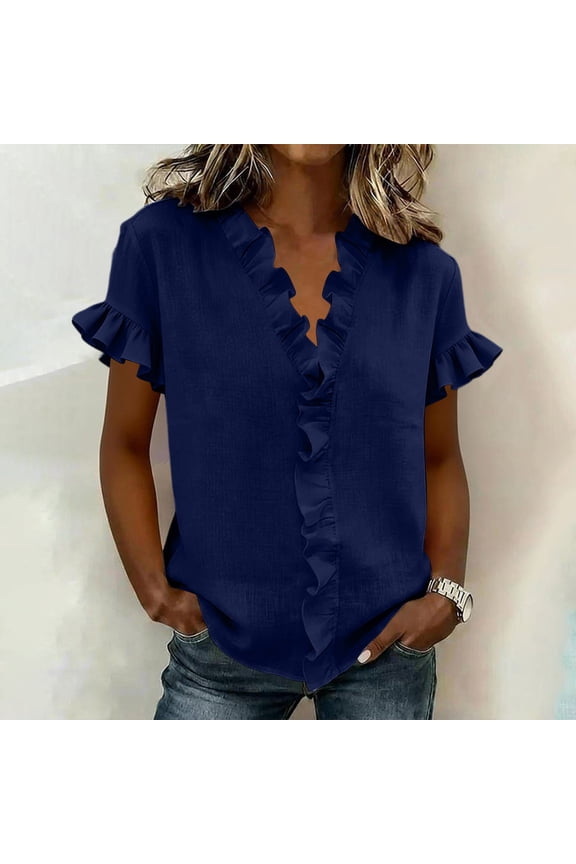 Womens V Neck Blouse Ruffle Short Sleeve Summer Casual Tops Loose Fit Linen Texture Shirts Fashion Elegant Work office Tunic Blouses with Frill Trim Detail Dark Blue,L