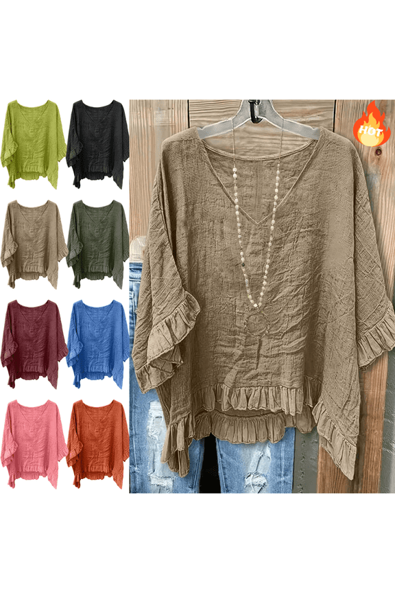 Womens V Neck Half Sleeve Blouses Ruffle Cuff Hem Textured Cotton Linen Top Oversized Loose Fit Boho Casual Summer Tops XL