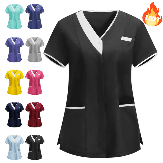 Mifsaly Womens V-Neck Scrub Tops Modern Fit Medical Nursing Shirts Contrast Trim Soft Breathable Doctors Nurses Healthcare Workwear with Pockets S