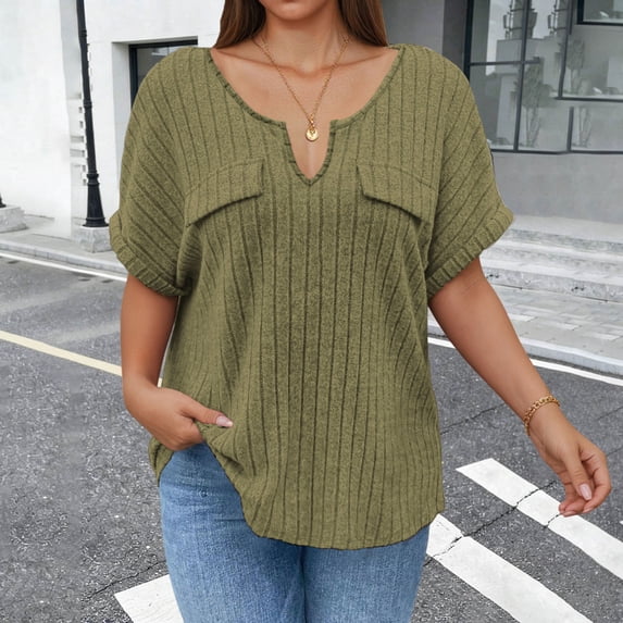 Mifsaly Womens V Neck Short Sleeve Tops Summer Ribbed Knit Oversized T Shirts Casual Loose Fit Flattering Daily Wear Soft Breathable Comfy Basic Top XXXL