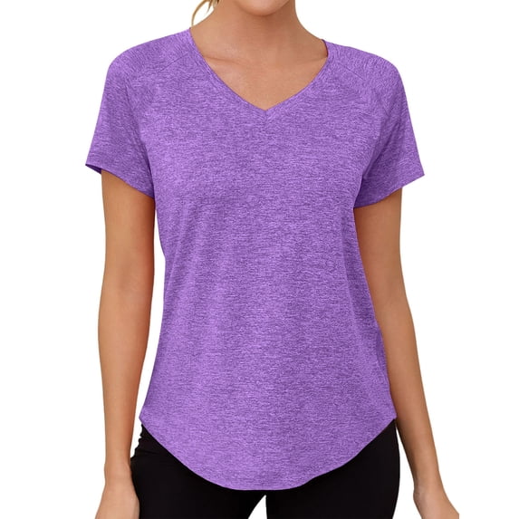 Mifsaly Womens V Neck Short Sleeve Workout Shirts Raglan Sleeve Athletic T-Shirts Lightweight Breathable Gym Training Running Tops Purple,S