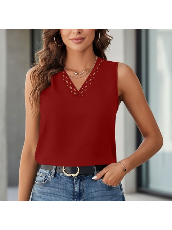 Womens V Neck Tank Tops Eyelet Lace Crochet Trim Sleeveless Shirts Casual Loose Fit Summer Blouses Work office Daily Wear Dressy Shell Top M