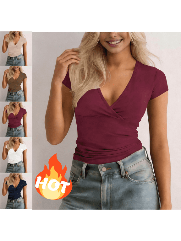 Womens V Neck Wrap Top Short Sleeve Slim Fit Surplice Criss Cross Front Blouse Stretchy Lightweight Summer Going Out Shirt Elegant Casual Party Top S