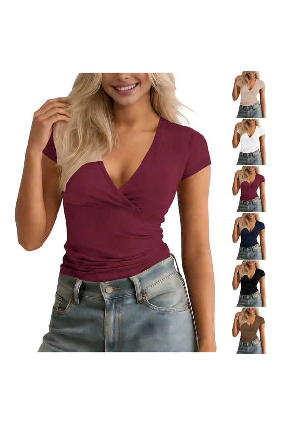 Womens V Neck Wrap Top Short Sleeve Slim Fit Surplice Criss Cross Front Blouse Stretchy Lightweight Summer Going Out Shirt Elegant Casual Party Top S