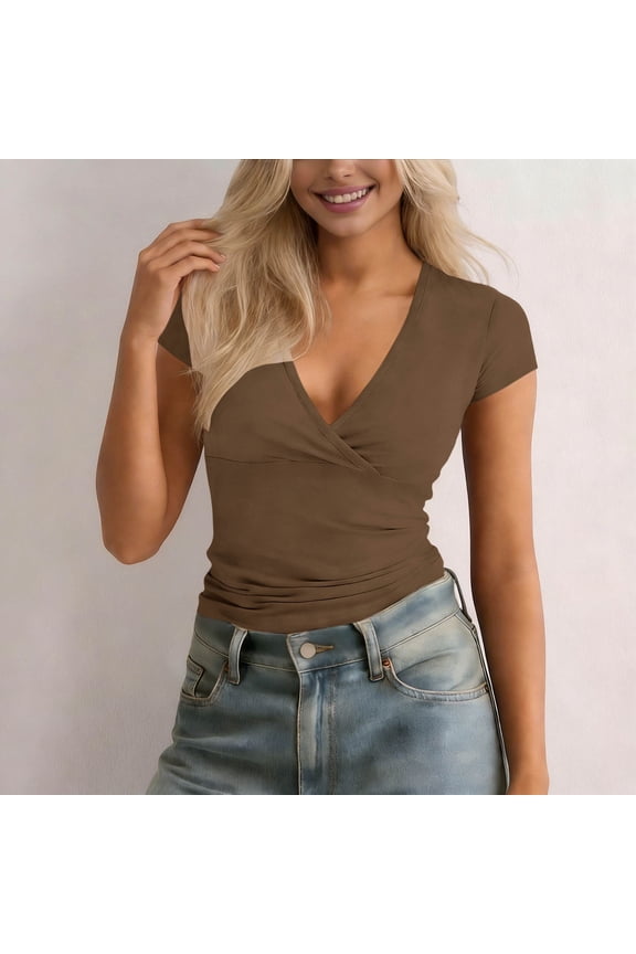 Womens V Neck Wrap Top Short Sleeve Slim Fit Surplice Criss Cross Front Blouse Stretchy Lightweight Summer Going Out Shirt Elegant Casual Party Top XXL