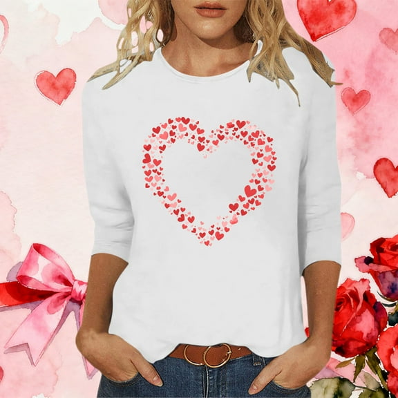 Mifsaly Womens Valentines Day T Shirt 3/4 Sleeve Heart Print Shirts Loose Tunic Crewneck Pullover Tops Lightweight Floral Graphic Blouse Girlfriend Gifts Shirt Fashion Spring Summer Outfits S