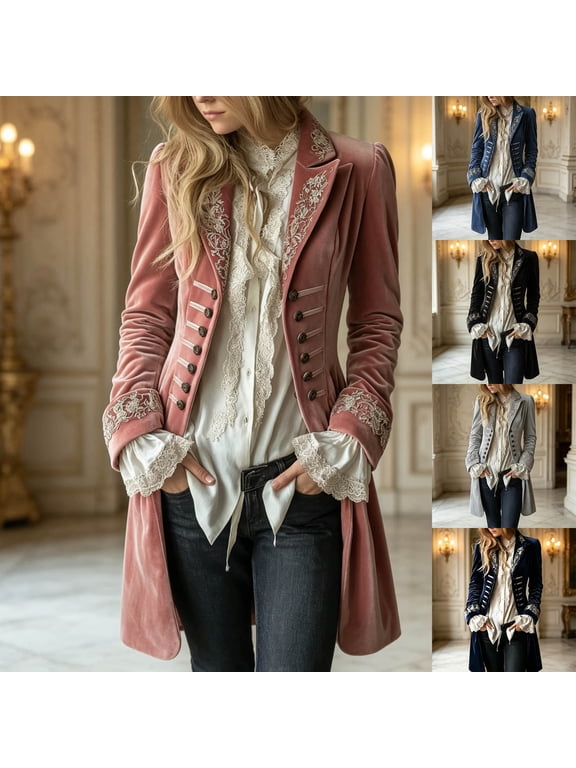 Womens Velvet Blazer Jacket Longline Embroidered Coat Vintage Gothic Tailcoat with Button Front Long Sleeves Elegant Victorian Style Dressy formal Outerwear Pink,S