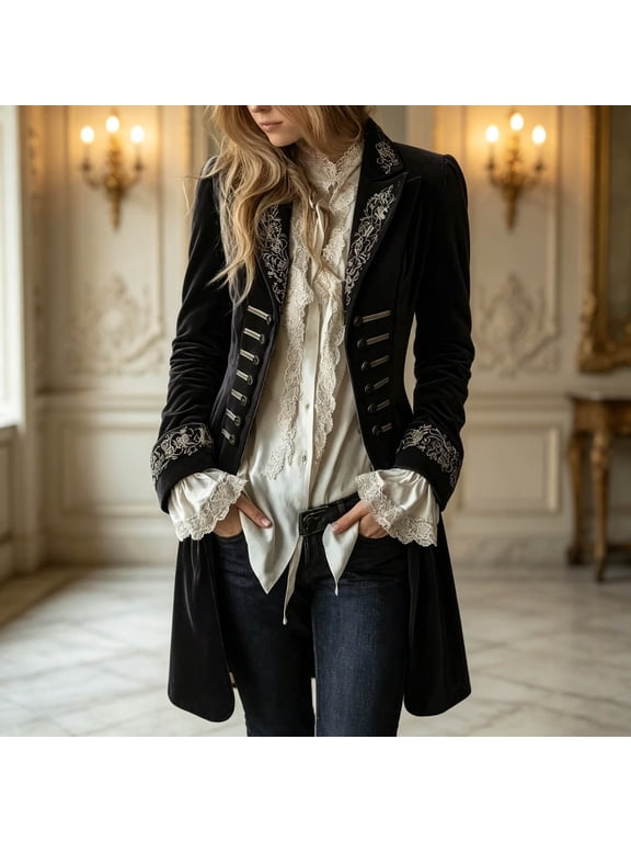 Womens Velvet Blazer Jacket Longline Embroidered Coat Vintage Gothic Tailcoat with Button Front Long Sleeves Elegant Victorian Style Dressy formal Outerwear Black,S