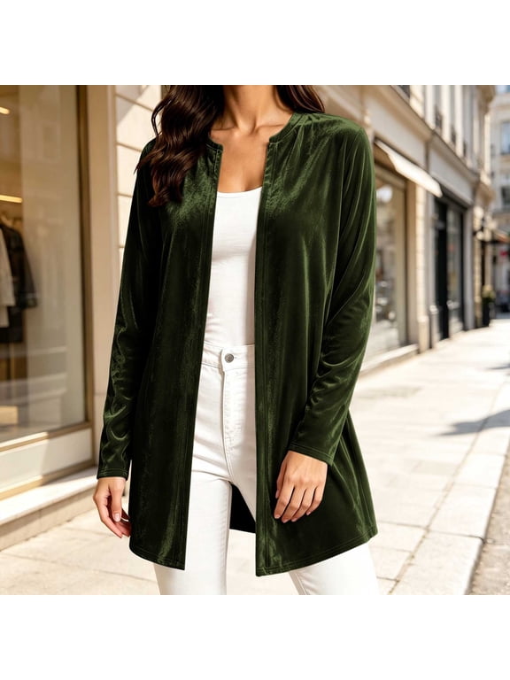 Womens Velvet Cardigan Jacket, Long Sleeve Open Front Soft Velour Longline Coat, Elegant Lightweight Casual Layering Top for Party Office Evening Fall Winter Army Green,S