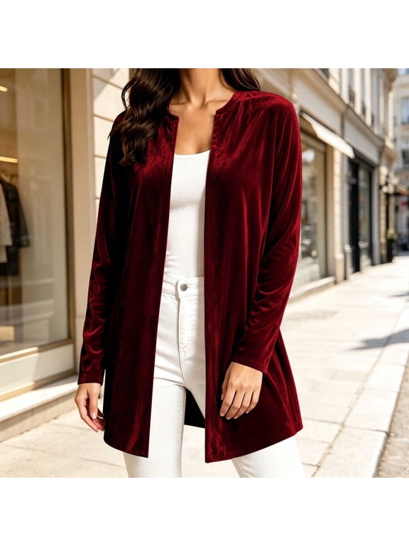 Womens Velvet Cardigan Jacket, Long Sleeve Open Front Soft Velour Longline Coat, Elegant Lightweight Casual Layering Top for Party Office Evening Fall Winter Wine,XL