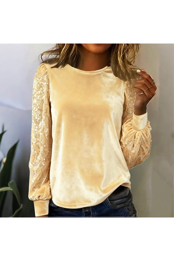 Womens Velvet Top Patchwork Long Sleeve Crewneck Sequin Shirt Comfortable Business Elegant Velour Blouse Party Glitter T-Shirts Spring Fall Fashion Dressy Casual Outfits L