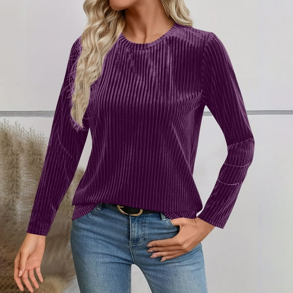 Mifsaly Womens Velvet Top Pullover Ribbed Business Blouses Vintage Crewneck Long Sleeve Work T-Shirts Elegant Fall Winter Pullover Shirts Ladies Fashion Workwear Purple L