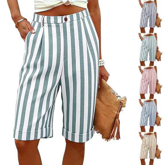 Mifsaly Womens Vertical Striped Bermuda Shorts High Waisted Knee Length Casual Shorts with Pockets Lightweight Loose Office Travel Summer Clothes Green,S