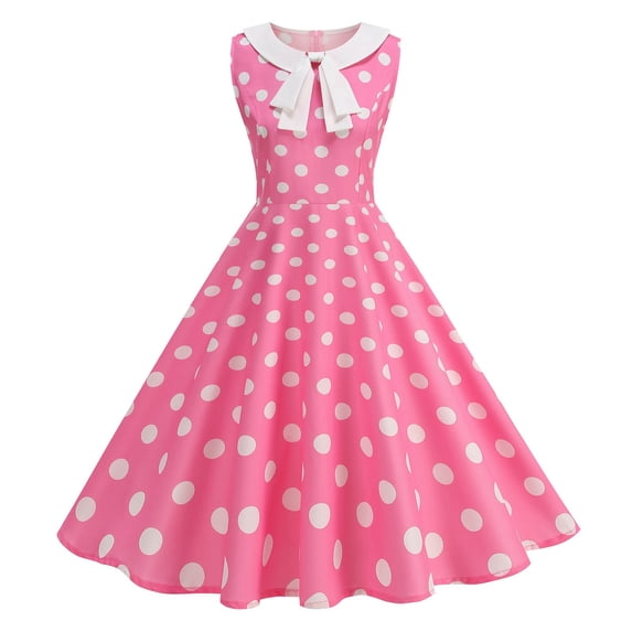Mifsaly Womens Vintage A Line Dresses Knee Length Sleeveless Bow Tie Collar Polka Dot Summer Dress Elegant Wedding Guest Tea Party Retro Rockabilly S