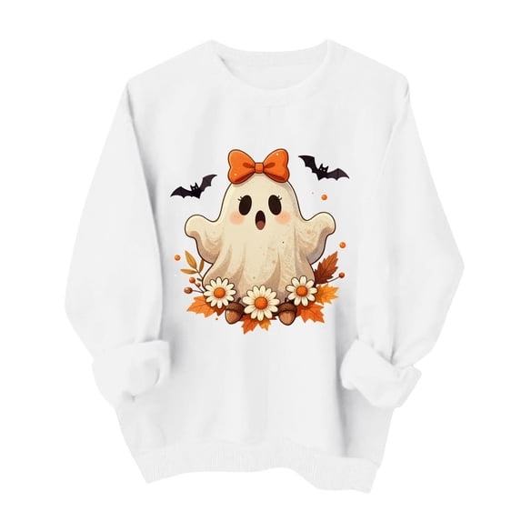 Mifsaly Womens Vintage Floral Ghost Graphic Fall Sweatshirt Crewneck Pullover Festival Long Sleeve Casual Tops White,S