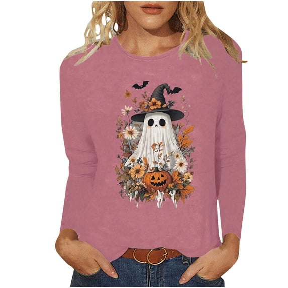 Mifsaly Womens Vintage Halloween Shirts Floral Ghost and Pumpkin Graphic Long Sleeve Crewneck Tops Cozy Fall Season Pullover for Holiday Festival Purple,XL