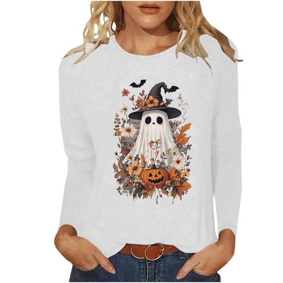 Mifsaly Womens Vintage Halloween Shirts Floral Ghost and Pumpkin Graphic Long Sleeve Crewneck Tops Cozy Fall Season Pullover for Holiday Festival White,L