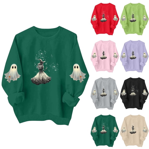 Mifsaly Womens Vintage Magic Witch Graphic Crewneck Sweatshirt Elegant Spooky Star Print Long Sleeve Pullover Cozy Fleece Top for Autumn Halloween Party Novelty Costume Army Green,XL