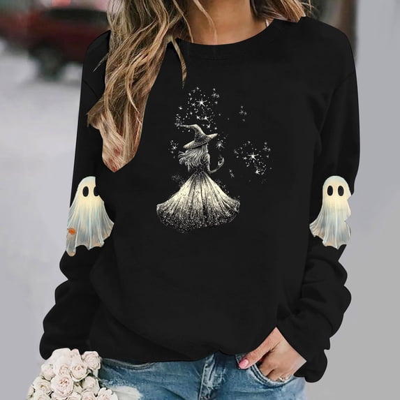 Mifsaly Womens Vintage Magic Witch Graphic Crewneck Sweatshirt Elegant Spooky Star Print Long Sleeve Pullover Cozy Fleece Top for Autumn Halloween Party Novelty Costume Black,M
