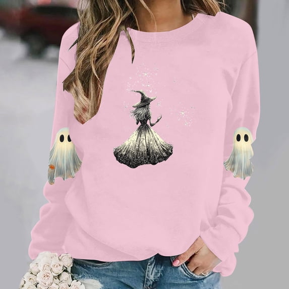 Mifsaly Womens Vintage Magic Witch Graphic Crewneck Sweatshirt Elegant Spooky Star Print Long Sleeve Pullover Cozy Fleece Top for Autumn Halloween Party Novelty Costume Pink,M