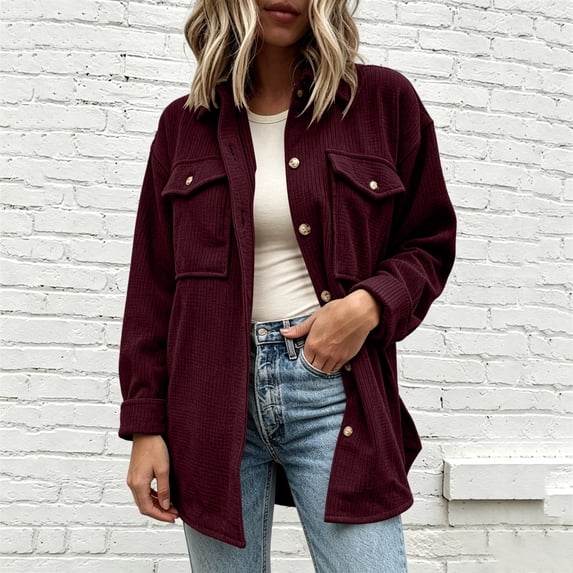 Mifsaly Womens Waffle Knit Shacket Lapel Collar Button Down Long Sleeve Shirt Jacket Relaxed Fit Work Office Daily Casual Fall Outerwear Wine,L