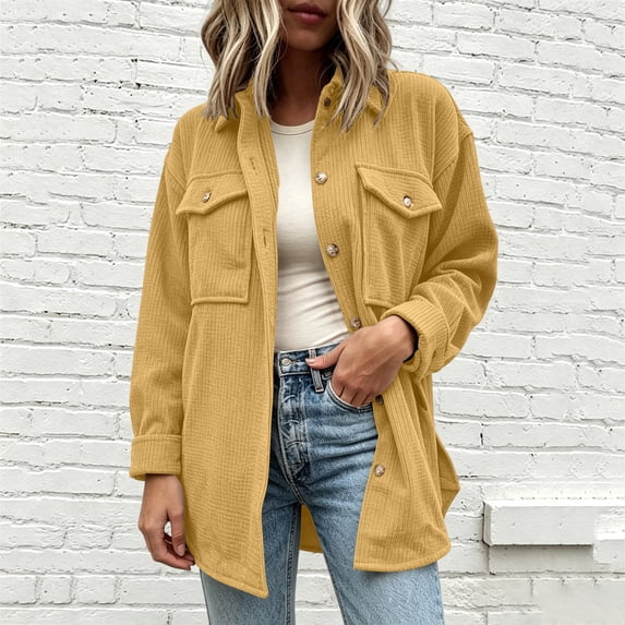 Mifsaly Womens Waffle Knit Shacket Lapel Collar Button Down Long Sleeve Shirt Jacket Relaxed Fit Work Office Daily Casual Fall Outerwear Yellow,XXL