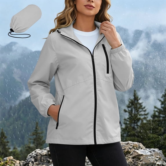 Mifsaly Womens Waterproof Rain Jacket Packable Lightweight Windbreaker Outdoor Travel Hiking Hooded Raincoat with Zipper Pockets Gray,M