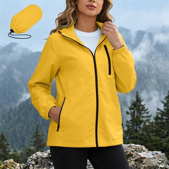 Mifsaly Womens Waterproof Rain Jacket Packable Lightweight Windbreaker Outdoor Travel Hiking Hooded Raincoat with Zipper Pockets Yellow,XXL