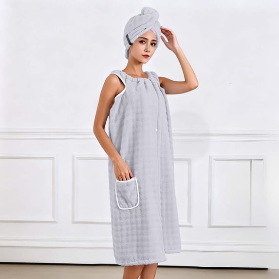 Mifsaly Womens Wearable Shower Wrap Towel Robe Knee Length Absorbent Spa Bathrobe with Straps Button Down Sleepwear Gray,Free Size