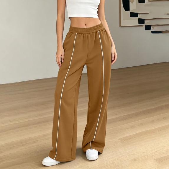 Mifsaly Womens Wide Leg Sweatpants with Pockets High Waist Contrast Piping Track Pants Fashion Comfortable Casual Baggy Athletic Joggers Brown,M