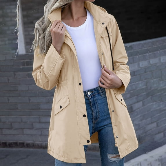 Mifsaly Womens Windbreaker Jacket Lightweight Windproof Hooded Full Zip Trench Coat Outdoor Hiking Camping Travel Outerwear with Adjustable Drawstring and Pockets Beige,S