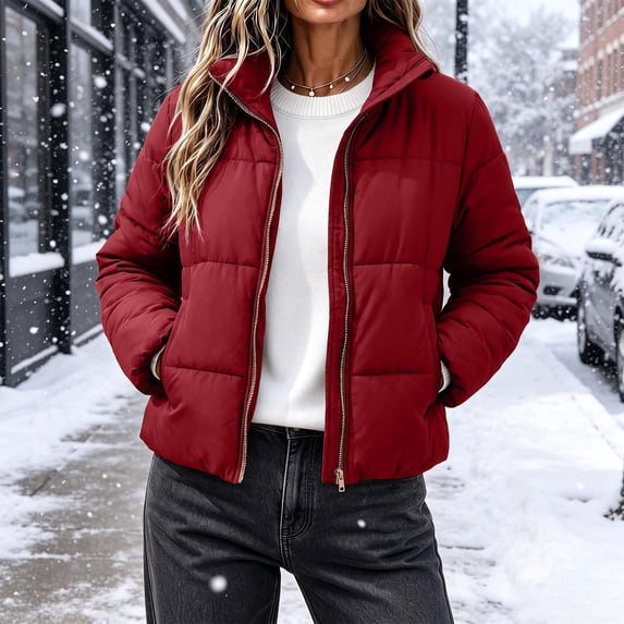 Mifsaly Womens Winter Cropped Puffer Jackets Zip Up Stand Collar ...