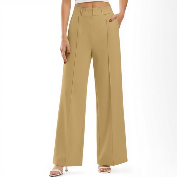 Mifsaly Womens Work Pants Business Casual Straight Leg Slacks Front Seam Stretch Elegant Comfortable Office Casual Trousers with Pockets Yellow,XL