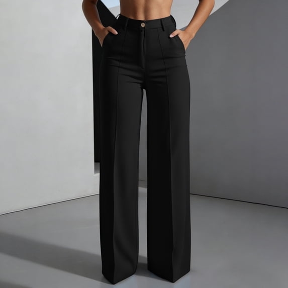 Mifsaly Womens Work Pants High Waisted Wide Leg Dressy Pants with Pockets Button Front Flowy Office Work Flattering Business Casual Office Outfits Black,XXL