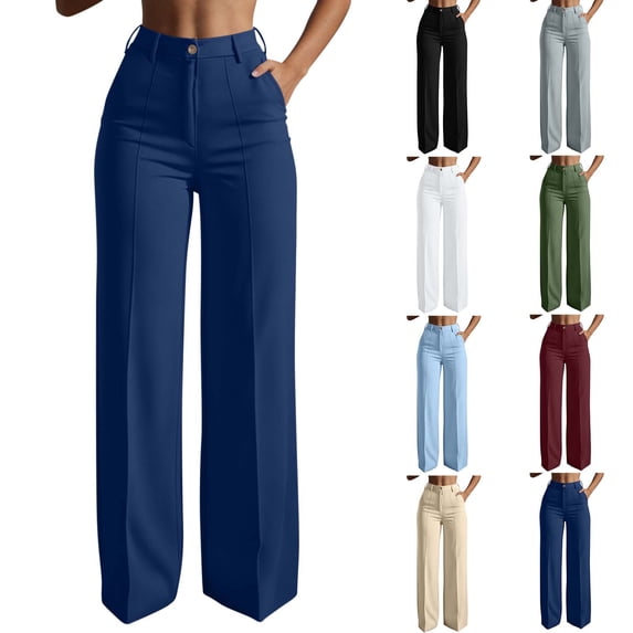 Mifsaly Womens Work Pants High Waisted Wide Leg Dressy Pants with Pockets Button Front Flowy Office Work Flattering Business Casual Office Outfits Navy,M