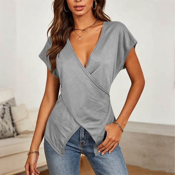 Mifsaly Womens Wrap Blouse Cross Front Short Sleeve V Neck T Shirts Slim Fit Ruched Pleated Casual Blouses Flattering Summer Going Out Tops Gray,M