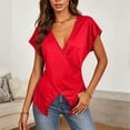 thumbnail image 1 of Mifsaly Womens Wrap Blouse Cross Front Short Sleeve V Neck T Shirts Slim Fit Ruched Pleated Casual Blouses Flattering Summer Going Out Tops Red,S, 1 of 9