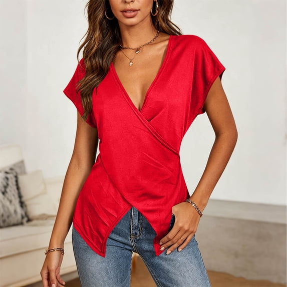 Mifsaly Womens Wrap Blouse Cross Front Short Sleeve V Neck T Shirts Slim Fit Ruched Pleated Casual Blouses Flattering Summer Going Out Tops Red,S