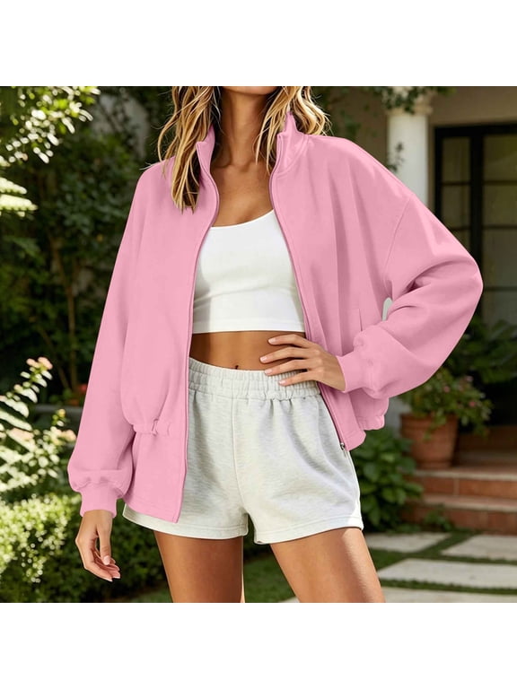 Womens Zip Up Jacket Stand Collar Long Sleeve Casual Lightweight Coat with Front Pockets Relaxed Fit Peplum Hem Outerwear for Spring Fall Office Travel and Daily