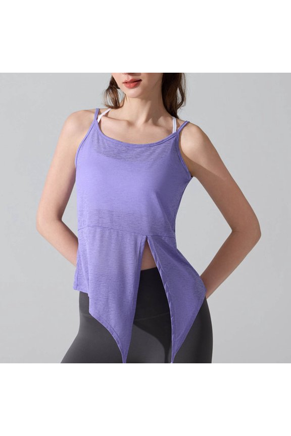 Yoga Camisole Tops for Women Split Hem Tank Top Scoop Neck Sleeveless Layered Flowy Cami Lightweight Summer Top Going Out Club Party Casual Breathable Shirt S
