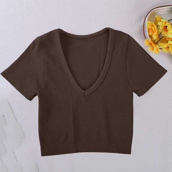 Mifsaly Yoga Crop Tops for Women Slim Fit Ribbed Short Sleeve Cropped T-Shirt Breathable Soft Stretchy Seamless Athletic Workout Tee Coffee,M