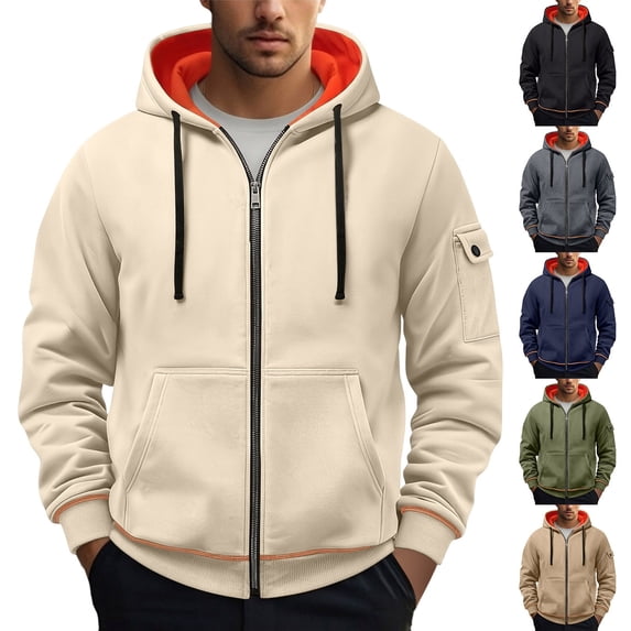 Mifsaly Zip Up Hoodie Men Long Sleeve Contrast Lined Hooded Sweatshirt with Pockets Fall Winter Daily Casual Outerwear Jacket Beige,XL