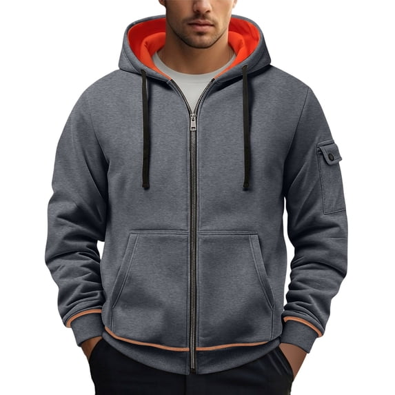 Mifsaly Zip Up Hoodie Men Long Sleeve Contrast Lined Hooded Sweatshirt with Pockets Fall Winter Daily Casual Outerwear Jacket Dark Gray,XXXL