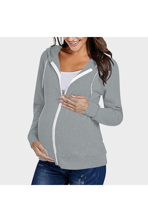Zip Up Maternity Hoodie Long Sleeve Drawstring Hooded Sweatshirt Pregnancy Office Outdoor Jacket Women Spring Fall Warm Outerwear M