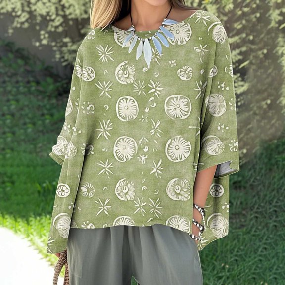 Mifsaly linen shirts for women 3/4 sleeve crewneck oversized tshirts dressy casual summer tops beach vacation lightweight blouse loose comfy spring outfits M