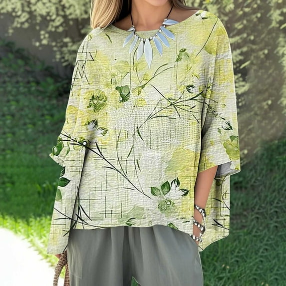 Mifsaly linen shirts for women 3/4 sleeve crewneck oversized tshirts dressy casual summer tops beach vacation lightweight blouse loose comfy spring outfits L