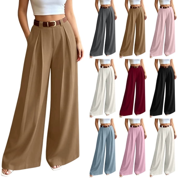Mifsaly office Pants for Women Pleated Front Flowy Wide Leg Trousers Elegant Relaxed Fit Business Casual Bottoms with Pockets Khaki,L