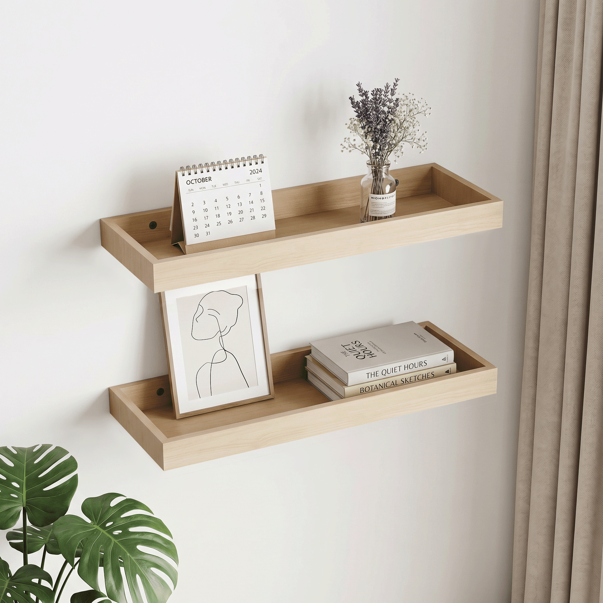 Mifurn 15.7" Floating Shelves for Wall, with Raised Lip, Set of 2, Oak