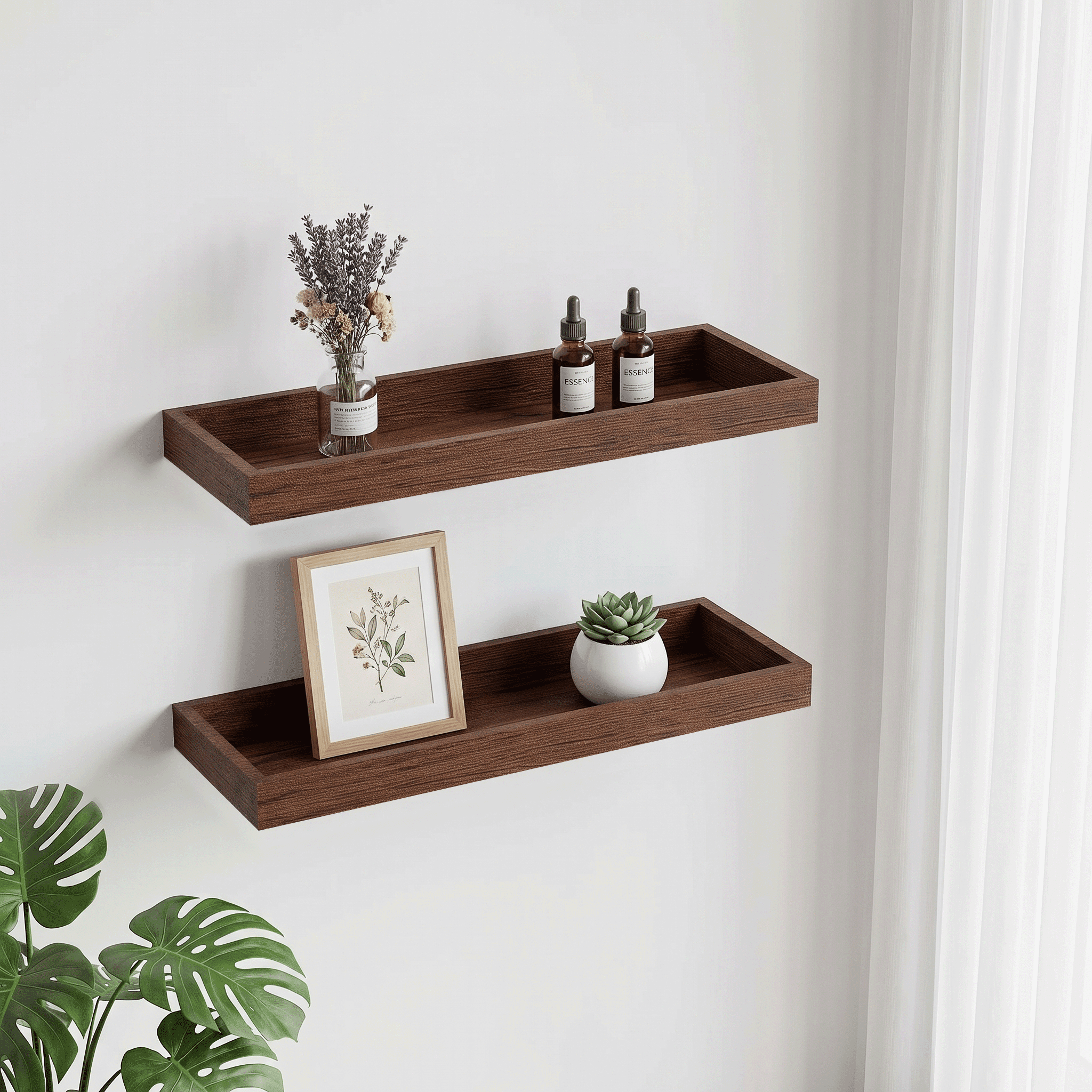 Mifurn 15.7" Floating Shelves for Wall, with Raised Lip, Set of 2, Walnut